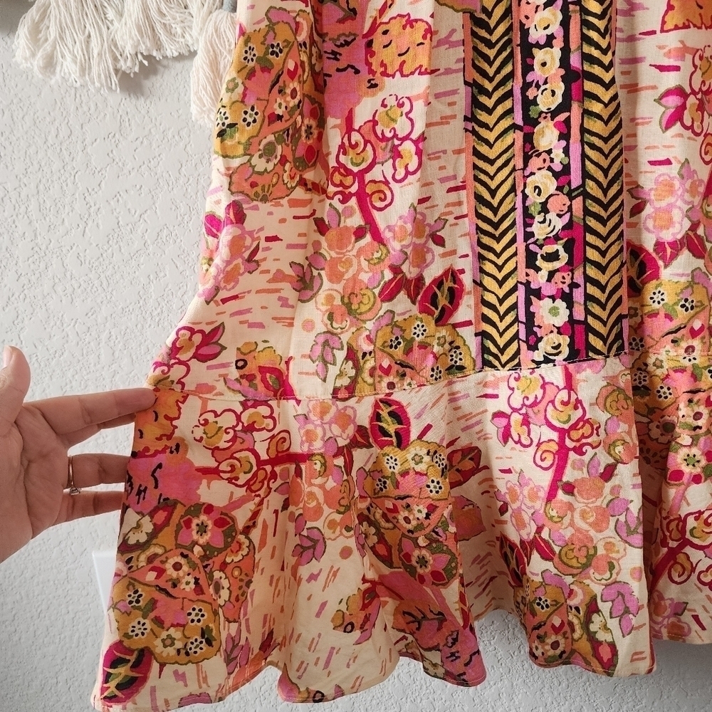 Free People Summer In Tulum Linen Blend Pink Floral Ruffle Mini Dress Boho M - Picture 4 of 9